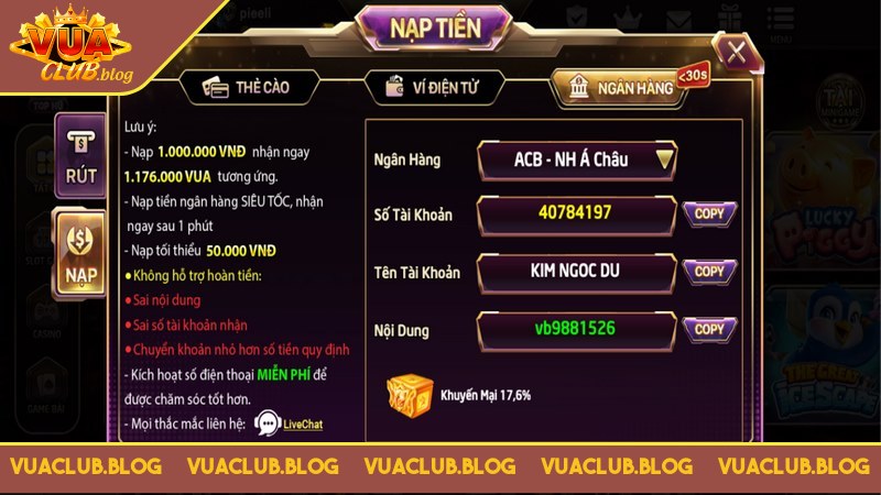 Nạp tiền vuaclub ngân hàng khá đơn giản Nạp tiền vuaclub ngân hàng khá đơn giản