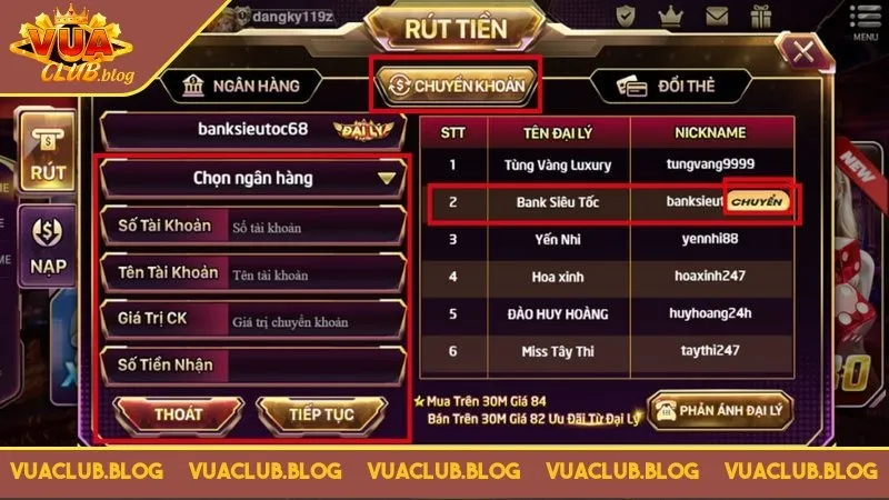 Rút tiền Vuaclub qua chuyển khoản đại lý được chiết khấu cao Rút tiền Vuaclub qua chuyển khoản đại lý được chiết khấu cao